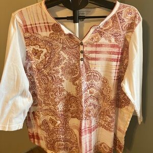 CJ Banks Women’s 2X Paisley Plaid Henley Top 3/4 Sleeve Plus Size
